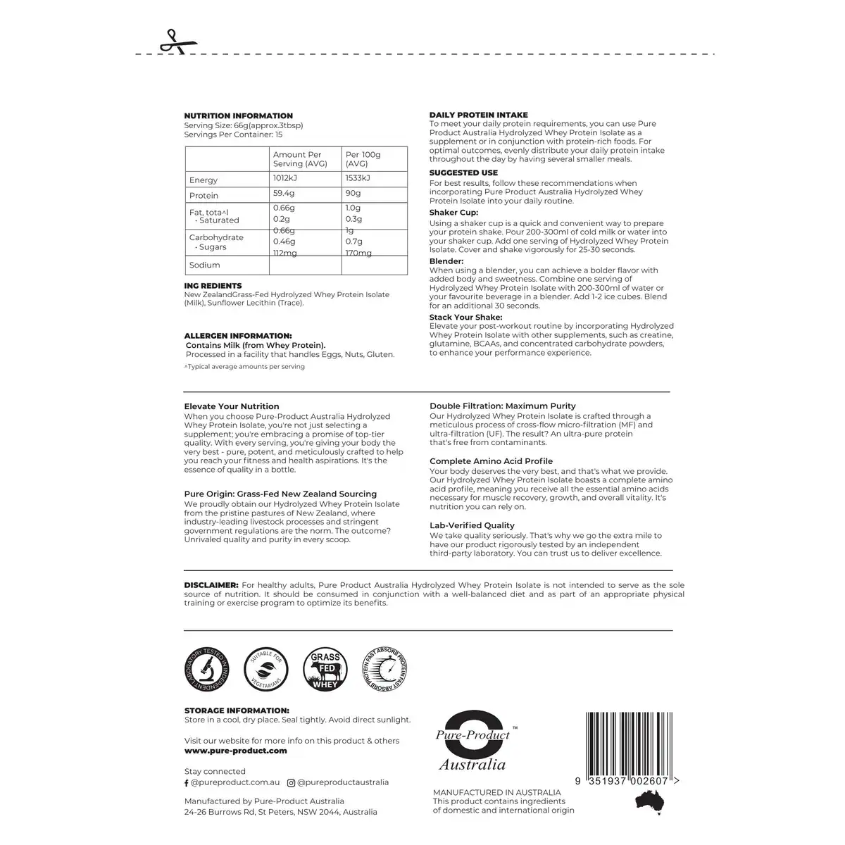 Thumbnail Pure Product Australia Hydrolyzed Whey Protein Isolate Chocolate 1kg