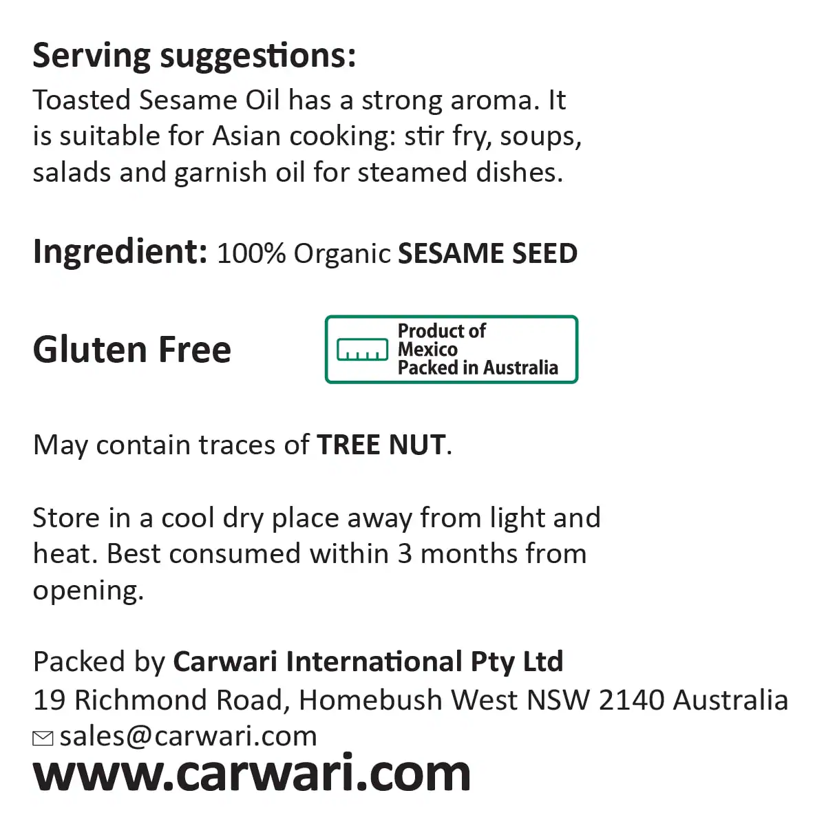 Thumbnail Carwari Organic Cold Pressed Toasted Sesame Oil 250ml