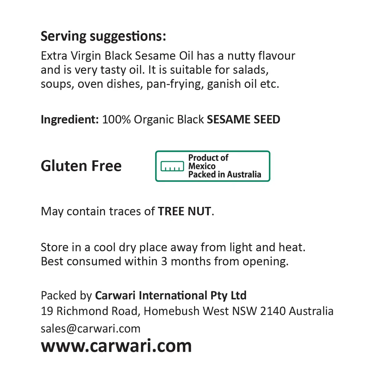 Thumbnail Carwari Organic Black Extra Virgin Sesame Oil 250ml