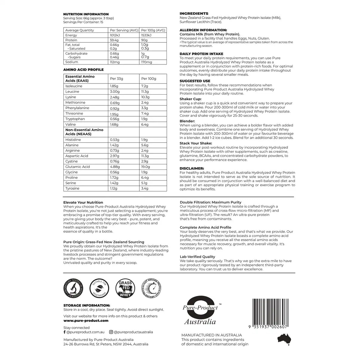 Thumbnail Pure Product Australia Hydrolyzed Whey Protein Isolate Unflavoured 1kg