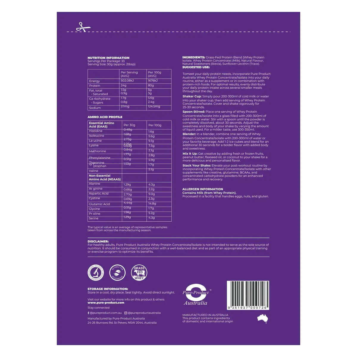 Thumbnail Pure Product Australia Whey Protein Concentrate / Isolate Strawberry 1kg