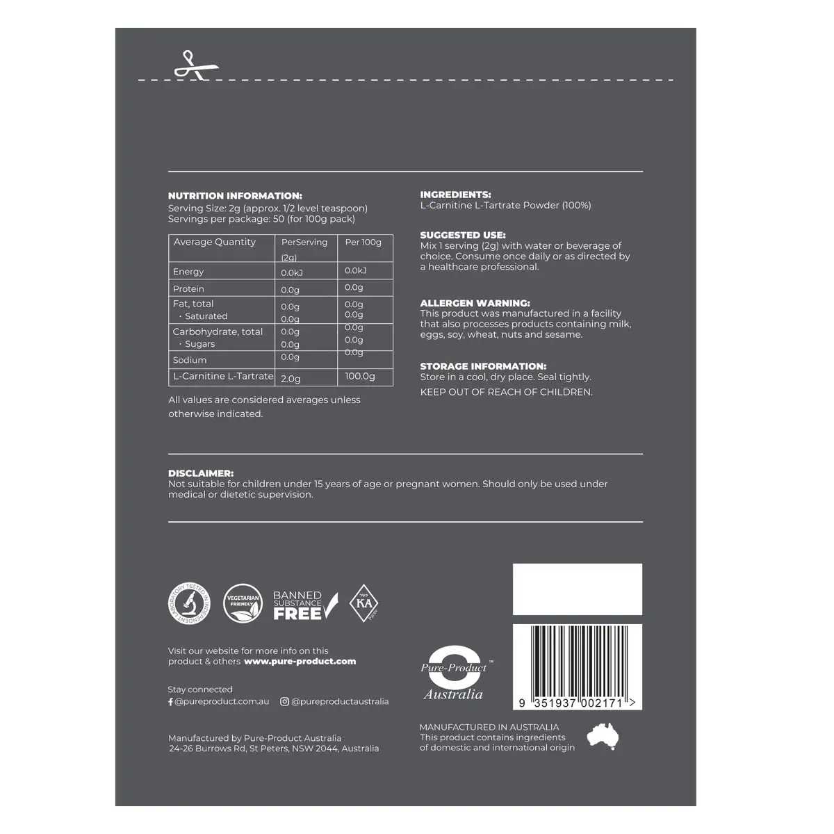 Thumbnail Pure Product Australia L-carnitine Tartrate Powder 500g