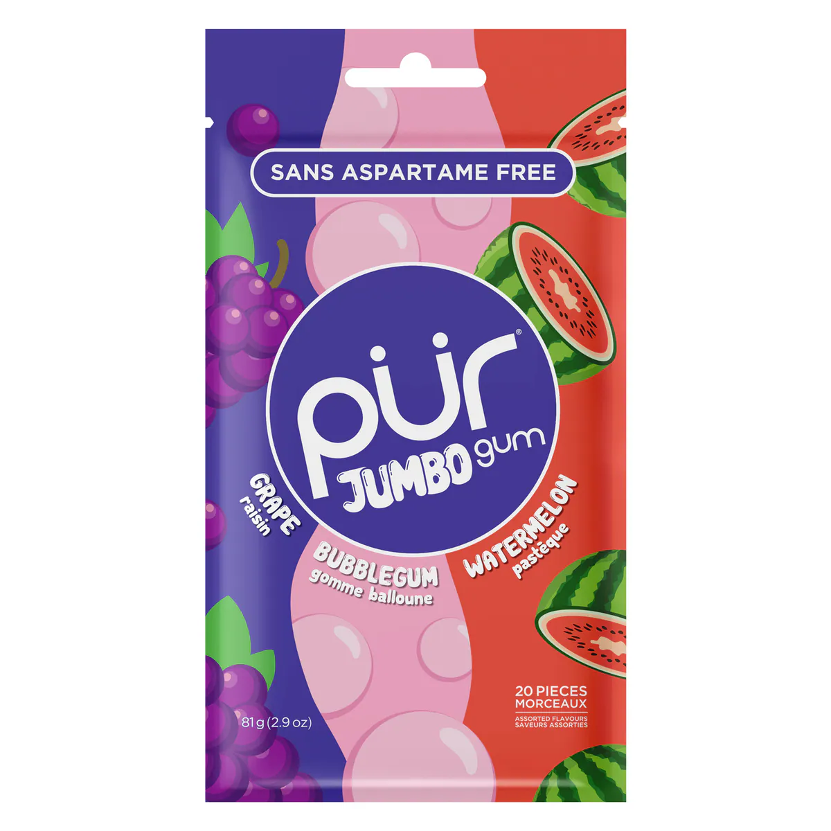 Thumbnail PUR Jumbo Gum Grape Bubblegum Watermelon 81g