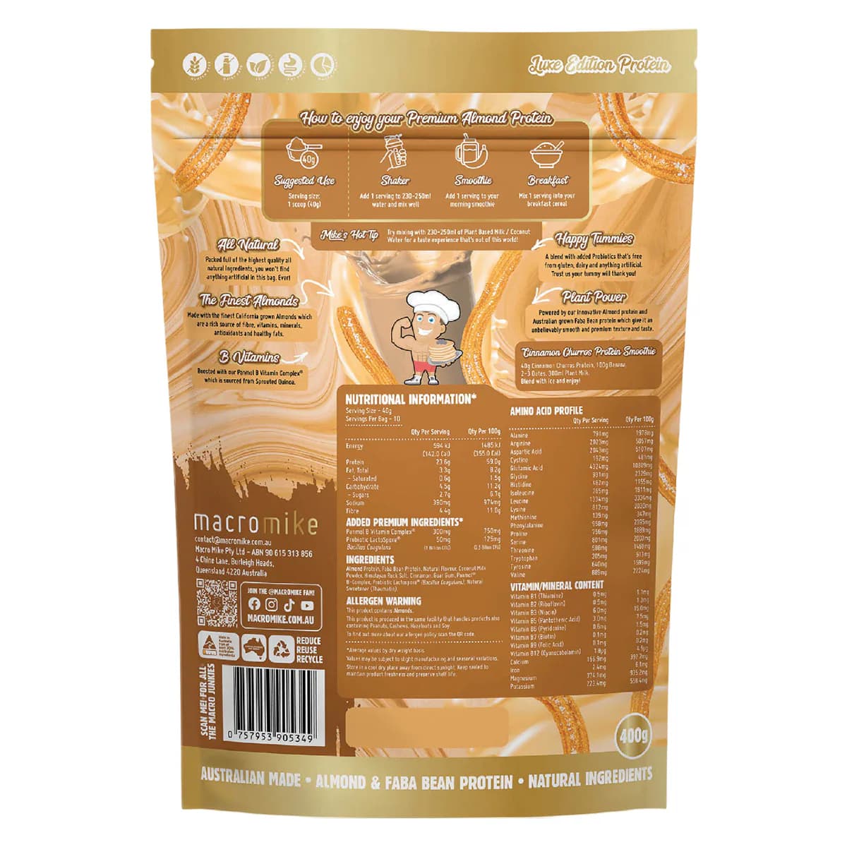 Thumbnail Macro Mike Premium Almond Protein Cinnamon Churros 400g