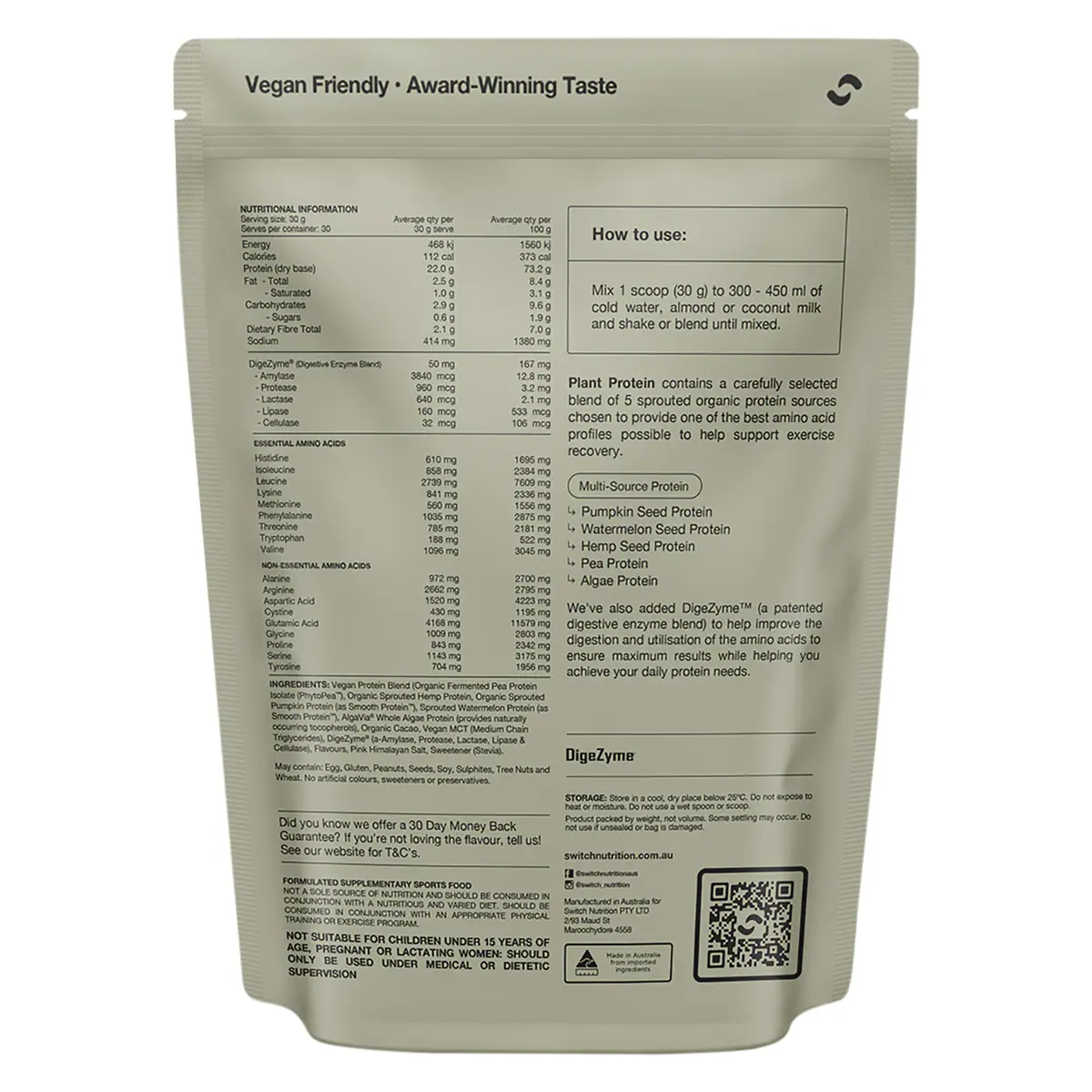 Thumbnail Switch Nutrition Organic Plant Protein Choc Sea Salt 900g