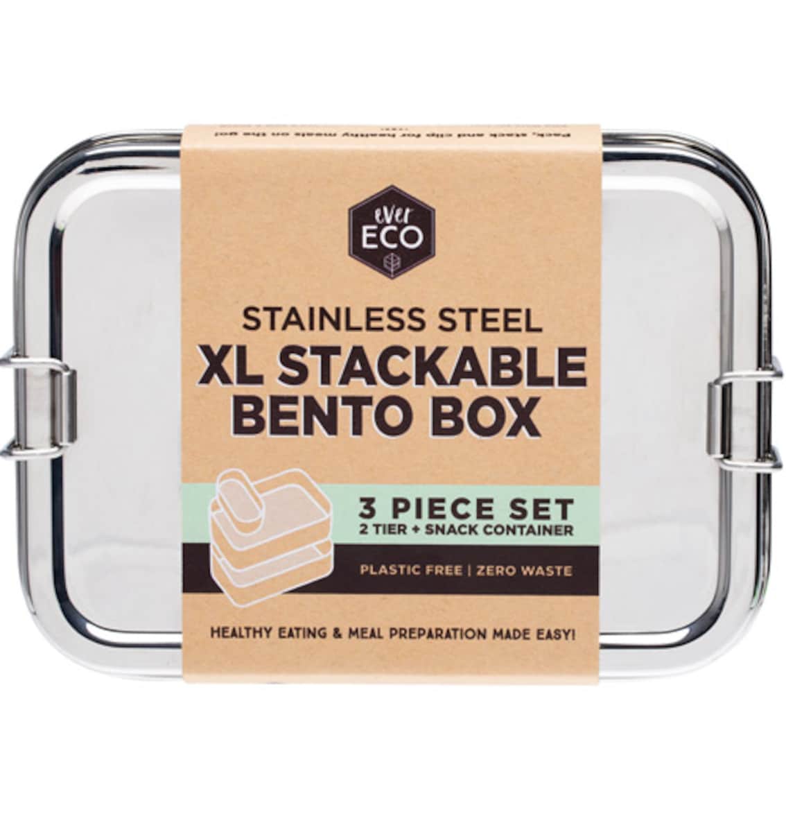 Thumbnail Ever Eco Stainless Steel XL Stackable Bento Box 2 Tier + Mini Snack Container 1900ml