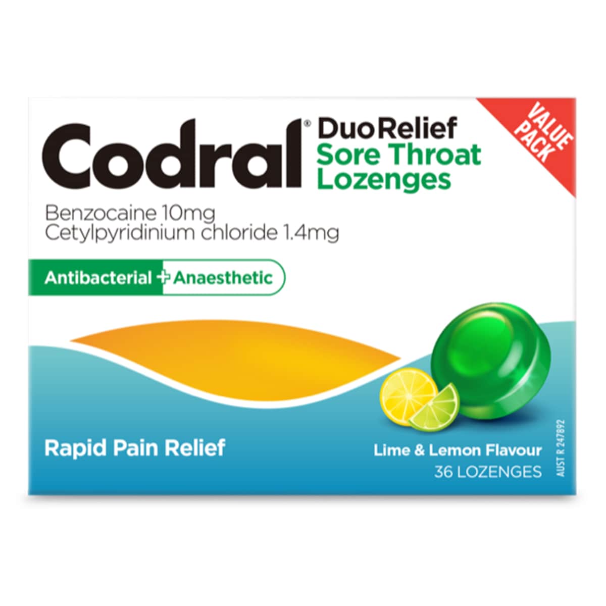 Thumbnail Codral Sore Throat Lozenges Antibacterial + Anaesthetic Lime & Lemon 36 Pack
