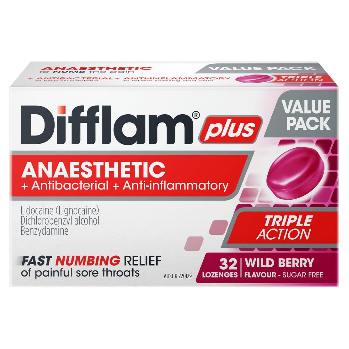 Thumbnail Difflam Plus Anaesthetic Sore Throat Lozenges Berry 32 Value Pack