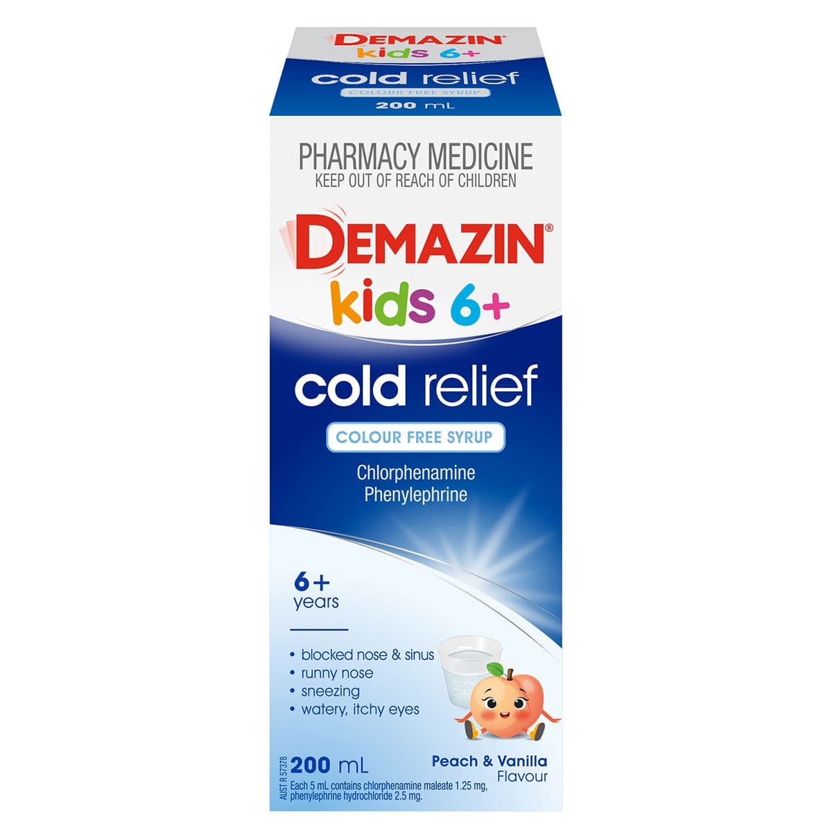 Thumbnail Demazin Kids 6+ Years Cold Relief Colour Free Syrup Peach & Vanilla 200ml