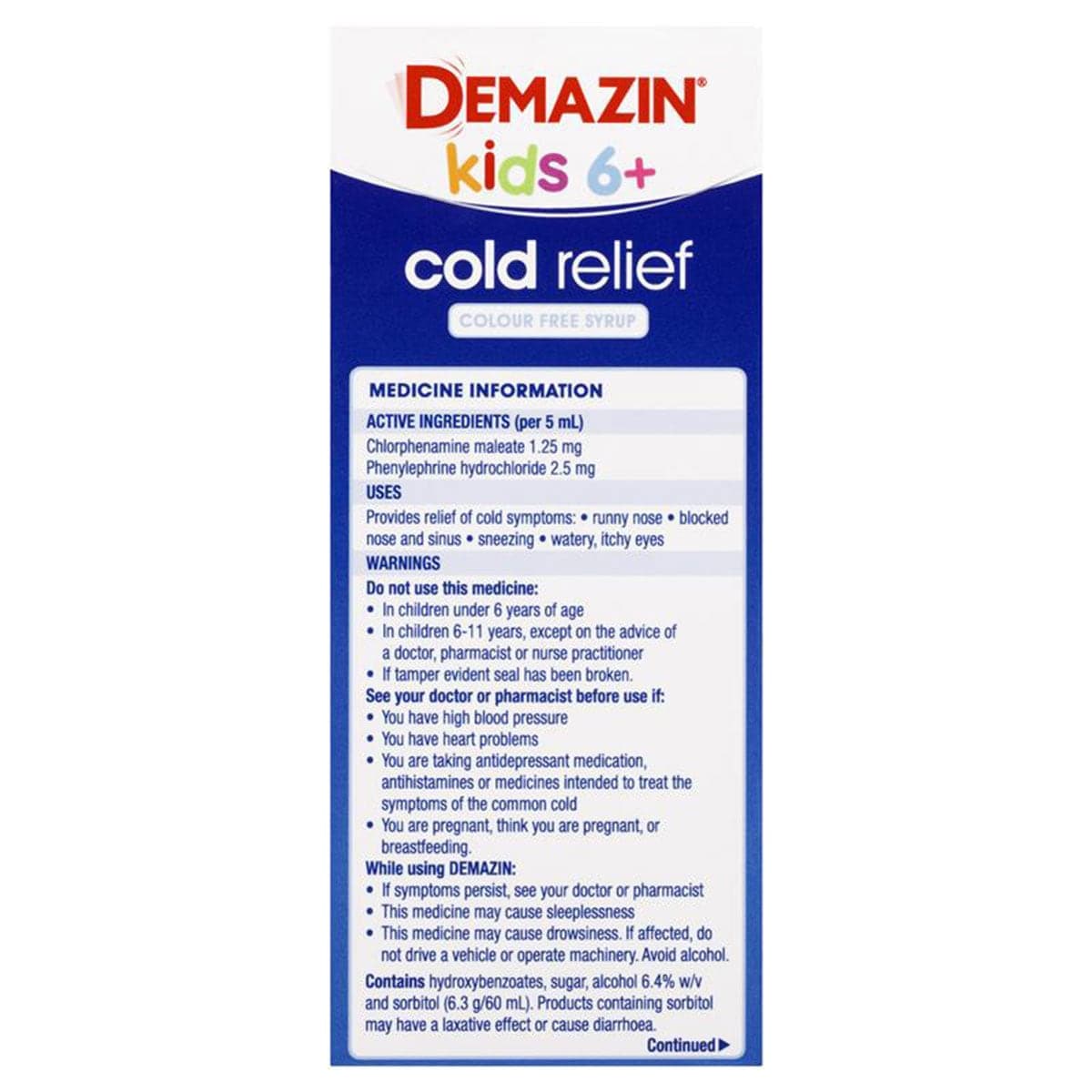 Thumbnail Demazin Kids 6+ Years Cold Relief Colour Free Syrup Peach & Vanilla 200ml