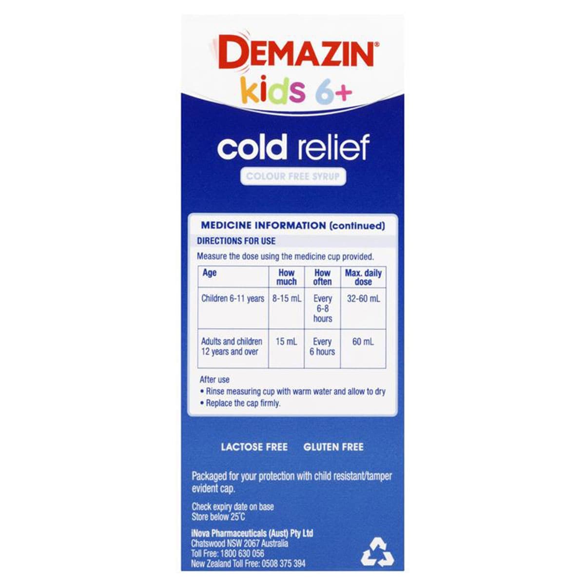 Thumbnail Demazin Kids 6+ Years Cold Relief Colour Free Syrup Peach & Vanilla 200ml