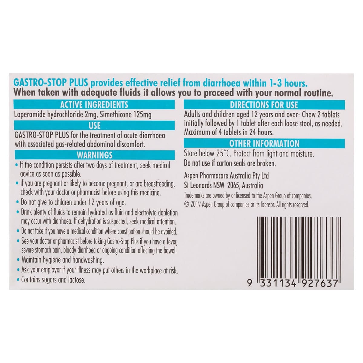 Thumbnail Gastro-Stop Plus Diarrhoea + Wind Pain Relief 12 Chewable Tablets