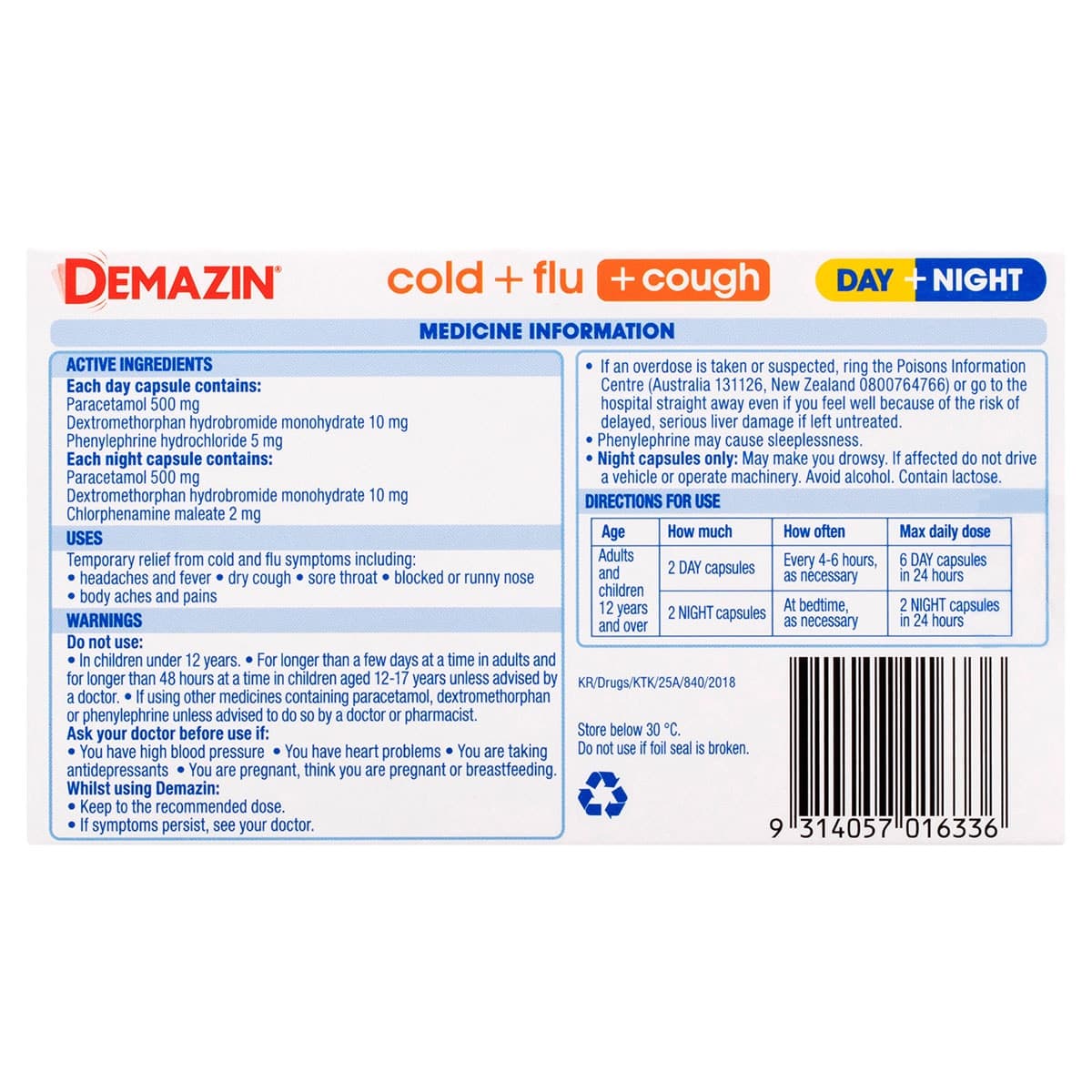 Thumbnail Demazin Cold & Flu + Cough Relief Day & Night 24 Capsules