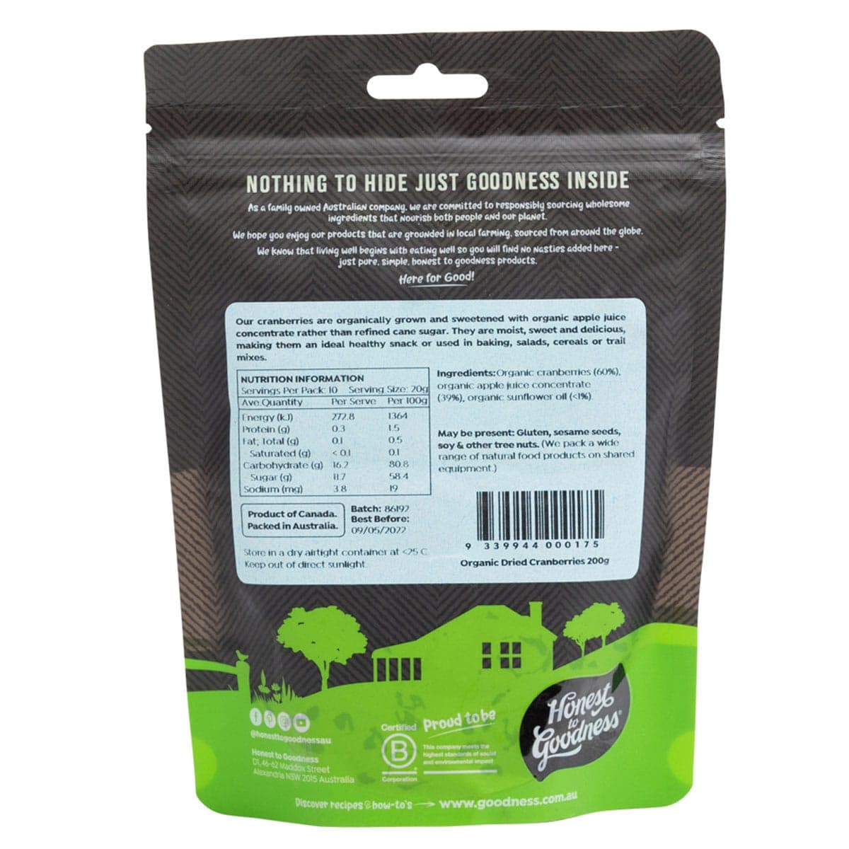 Thumbnail Honest to Goodness Organic Dried Cranberries 200g