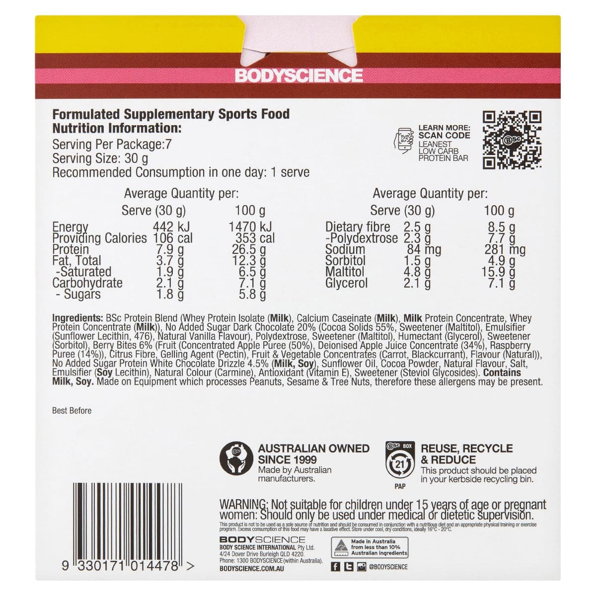 Thumbnail Bsc Body Science Leanest Low Carb Protein Bar Choc Berry Ripple 7 X 30G