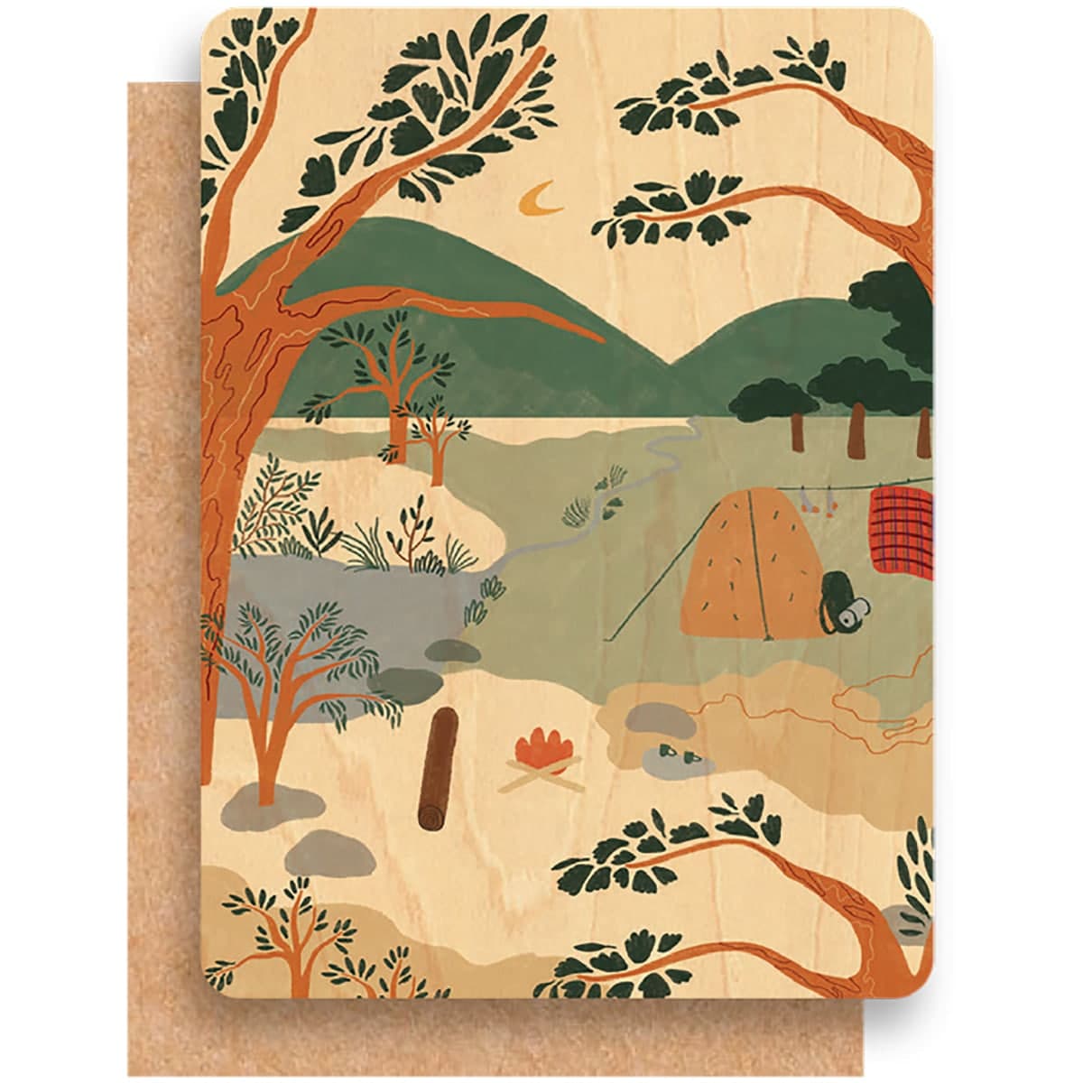 Thumbnail Greenigo Hayle & Shine A6 Wood Greeting Card with a premium C6 envelope Camping Trip