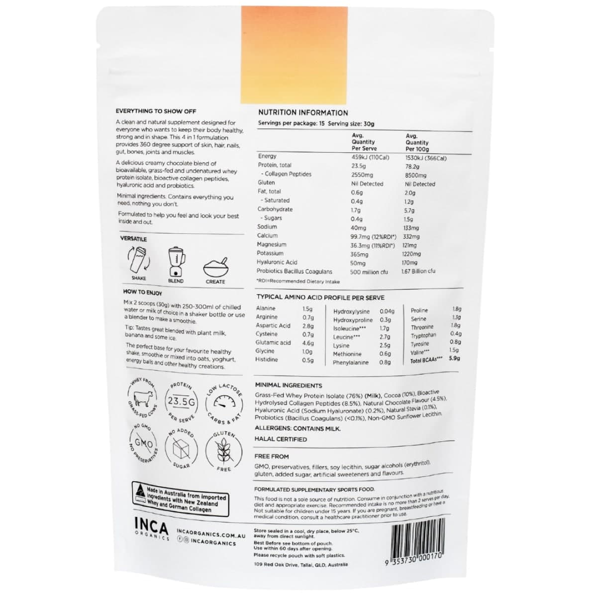 Thumbnail Inca Organics Skin Body Gut Collagen Whey Protein Chocolate 450g