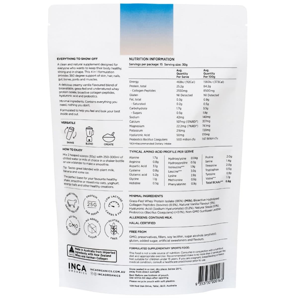Thumbnail Inca Organics Skin Body Gut Collagen Whey Protein Creamy Vanilla 450g