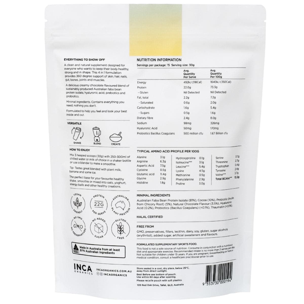 Thumbnail Inca Organics Skin Body Gut Natural Plant Protein Chocolate 450g