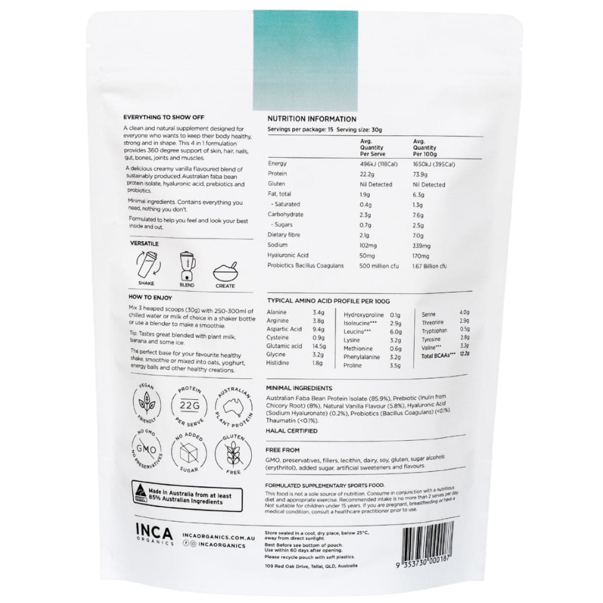 Thumbnail Inca Organics Skin Body Gut Natural Plant Protein Creamy Vanilla 450g