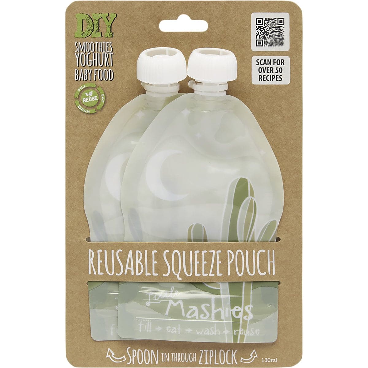 Thumbnail Little Mashies Reusable Squeeze Pouch Cactus 2 x 130ml