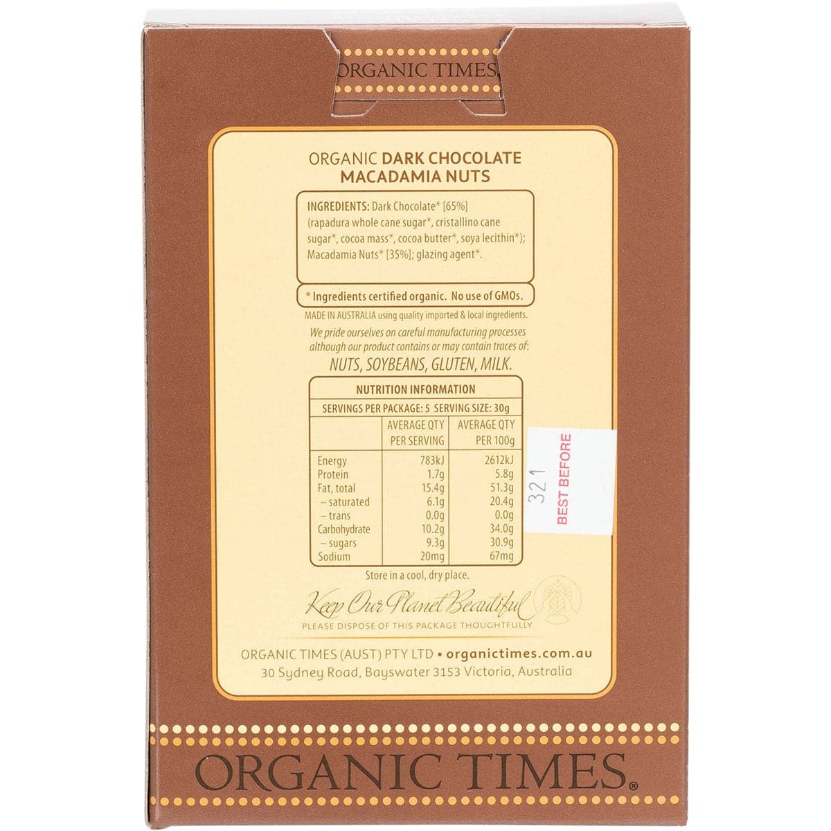Thumbnail Organic Times Dark Chocolate Macadamia Nuts 150g