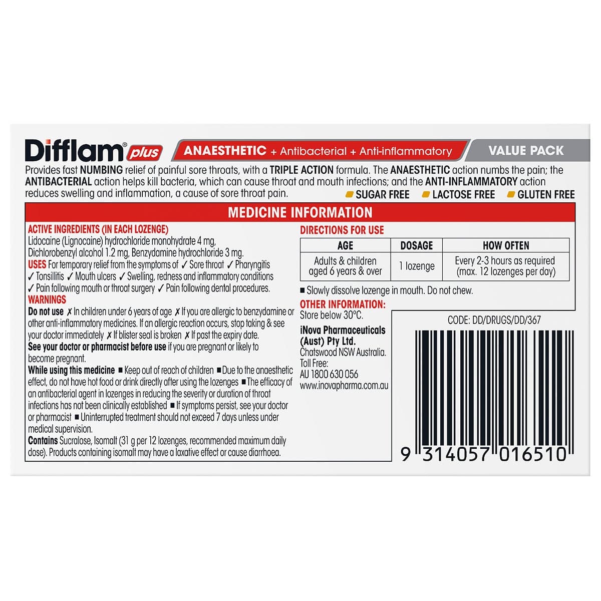 Thumbnail Difflam Plus Anaesthetic Sore Throat Lozenges Honey & Lemon 32 Pack