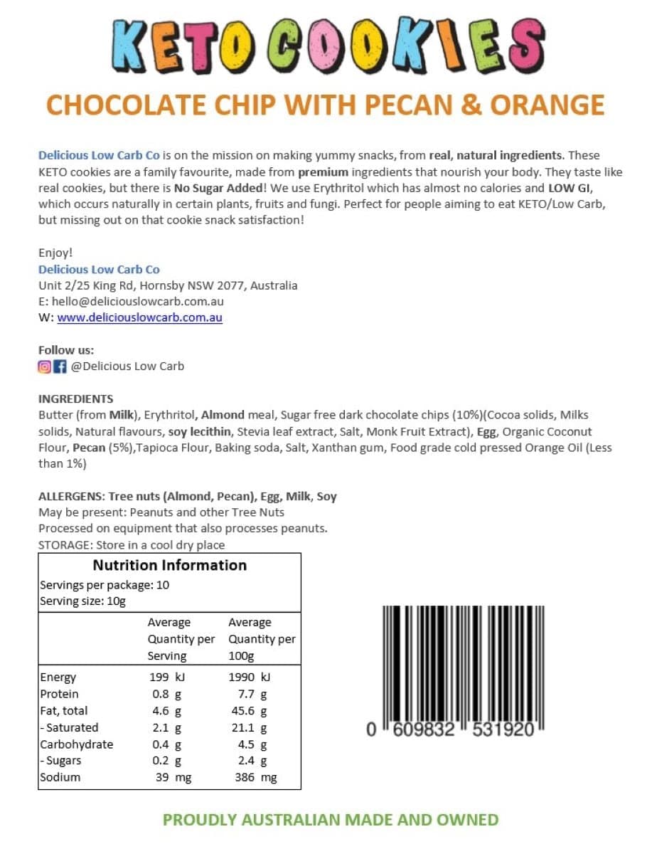 Thumbnail Delicious Low Carb Keto Cookies Chocolate Chip with Pecan & Orange 100g