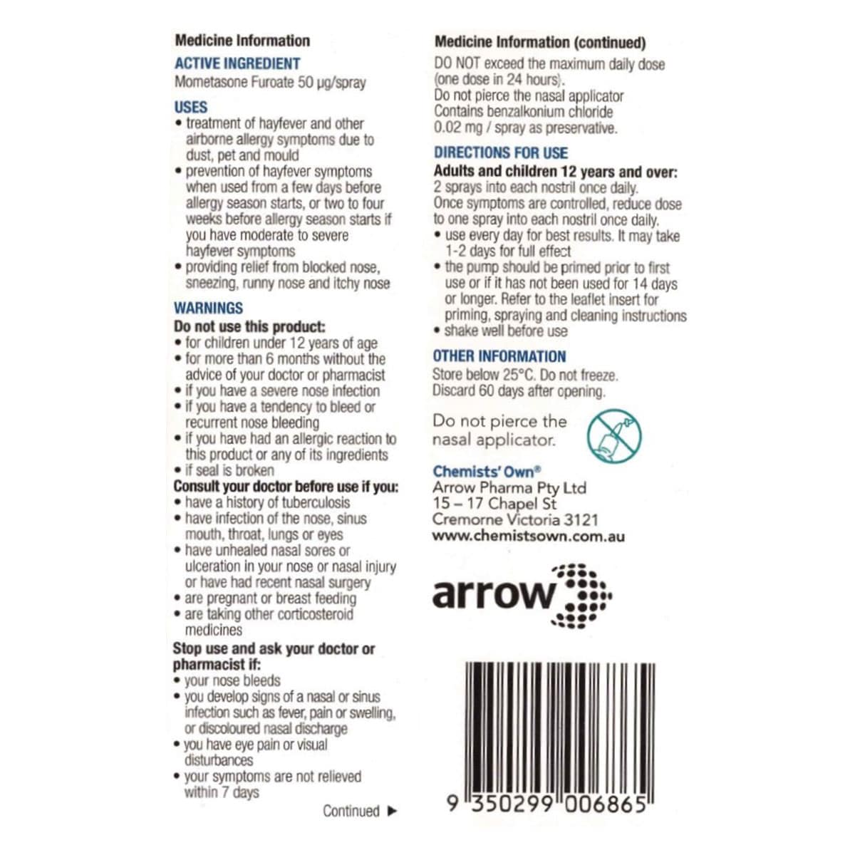 Thumbnail Chemists Own Allergy Relief Nasal Spray 60 Metered Sprays