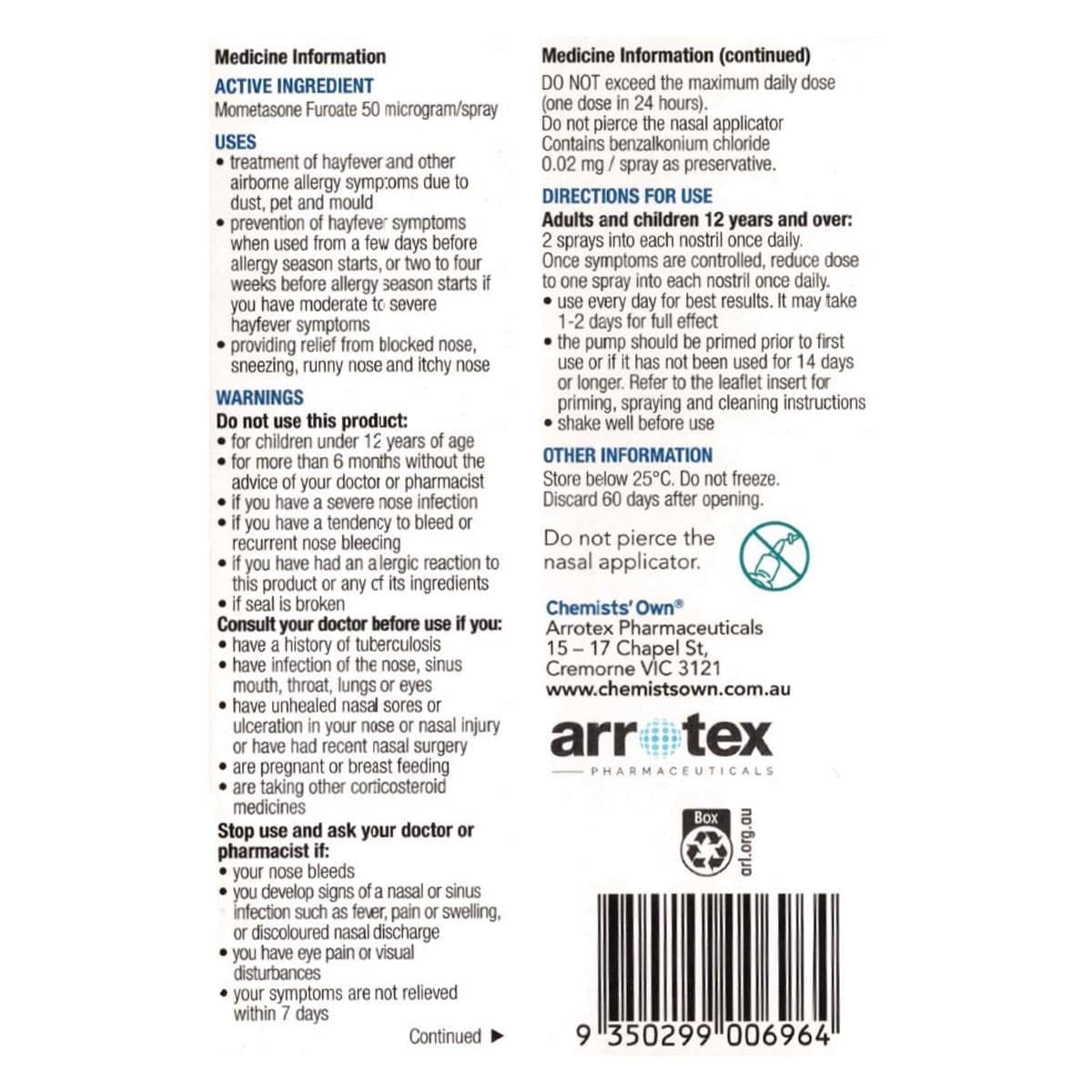 Thumbnail Chemists Own Allergy Relief Nasal Spray 140 Metered Sprays