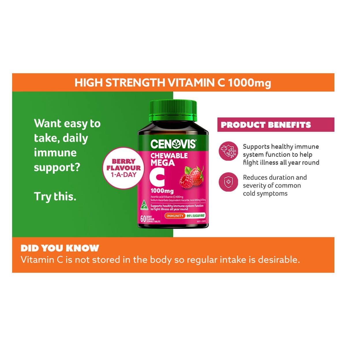 Thumbnail Cenovis Chewable Mega Vitamin C 1000mg Berry 60 Tablets