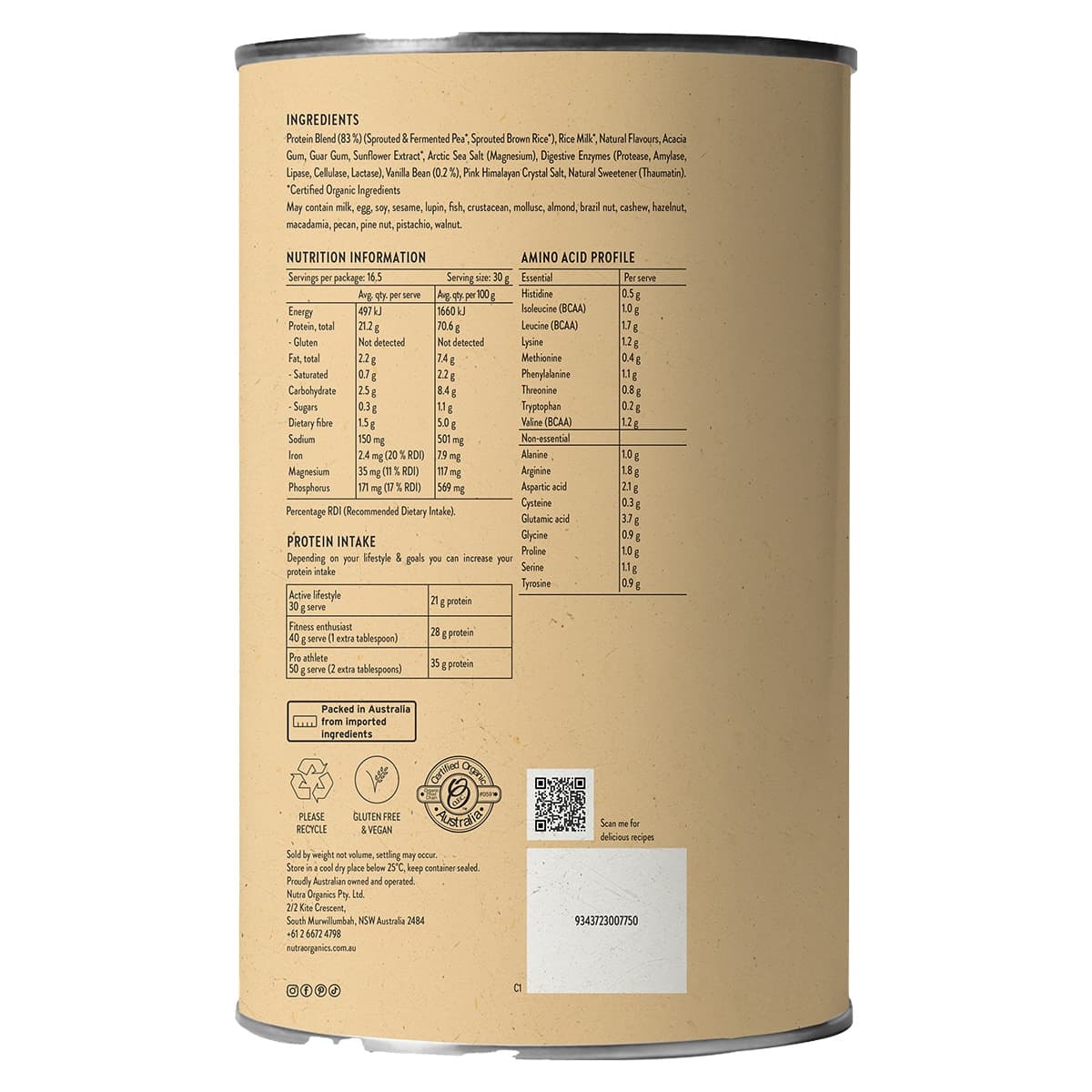 Thumbnail Nutra Organics Plant Based Clean Protein Creamy Vanilla 500g