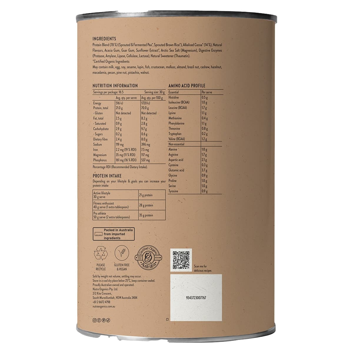 Thumbnail Nutra Organics Plant Based Clean Protein Smooth Chocolate 500g