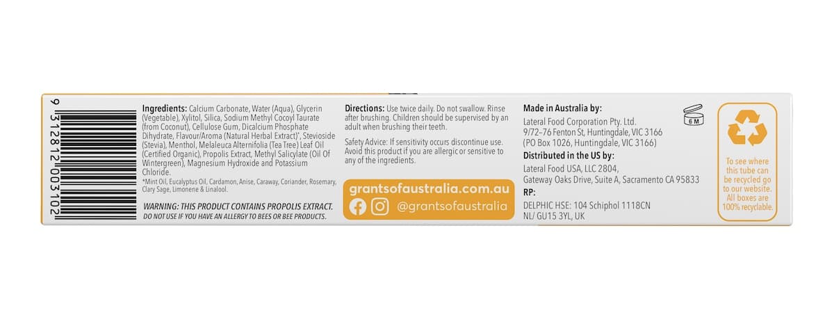 Thumbnail Grants Propolis Natural Toothpaste Fluoride Free 110g