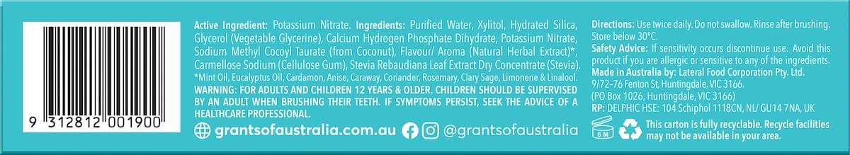 Thumbnail Grants Natural Toothpaste Sensitive Fluoride Free 100g