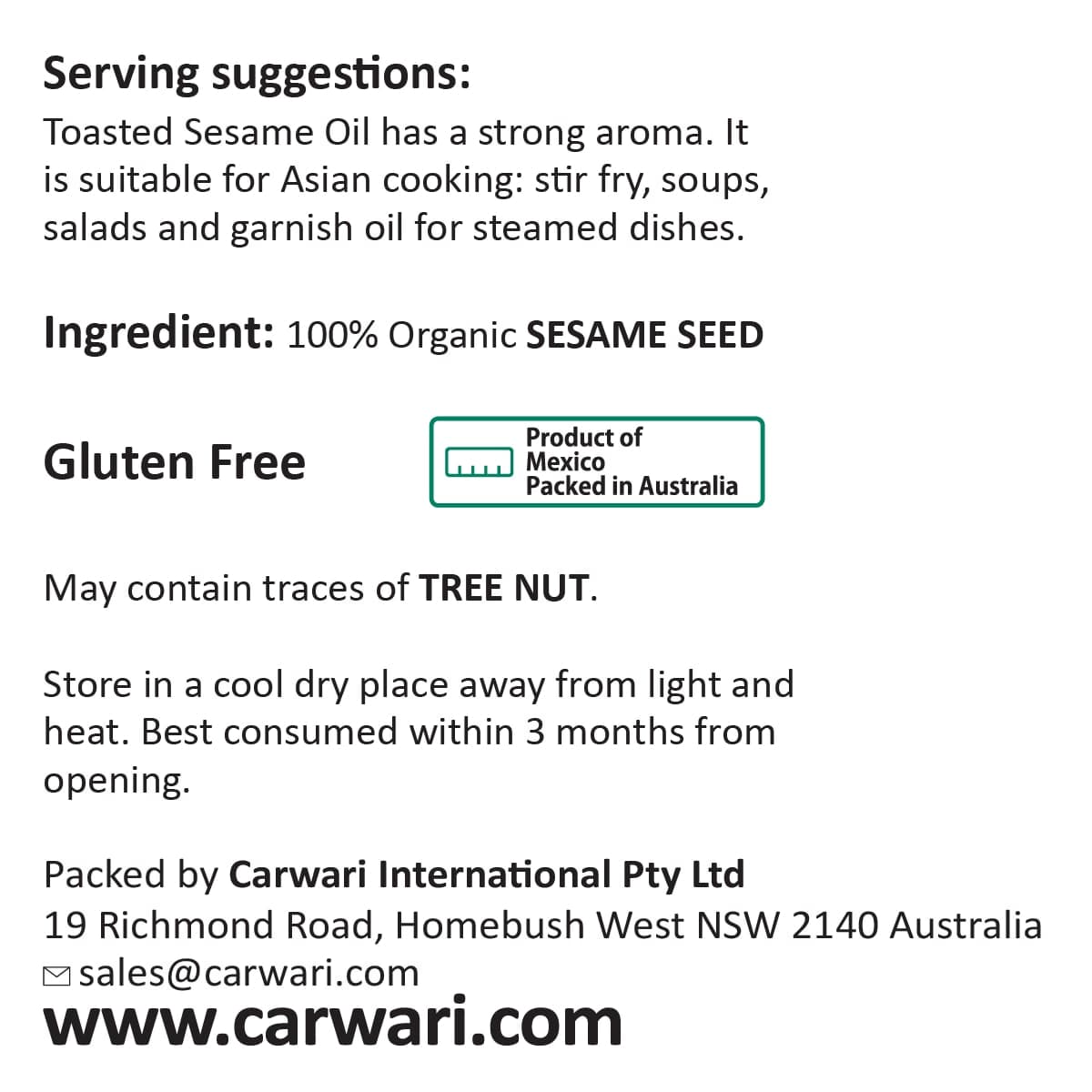 Thumbnail Carwari Organic Cold Pressed Toasted Sesame Oil 250ml