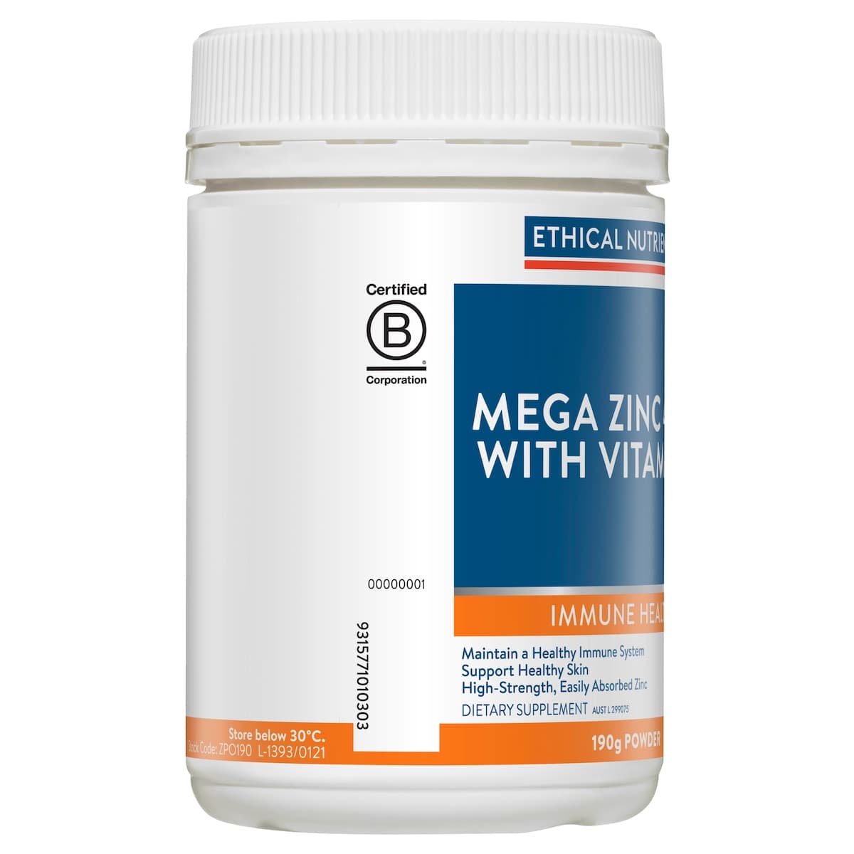 Thumbnail Ethical Nutrients Mega Zinc 40mg with Vitamin C Powder 190g