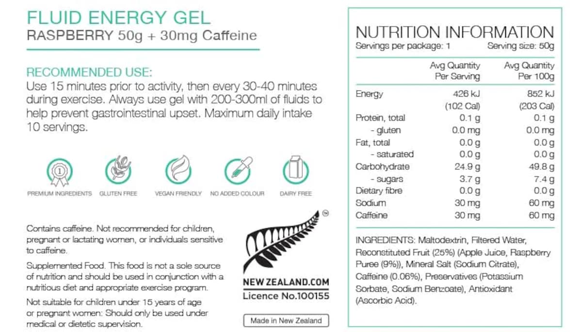 Thumbnail Pure Sports Nutrition Fluid Energy Gel Raspberry Caffeine 18 x 50g