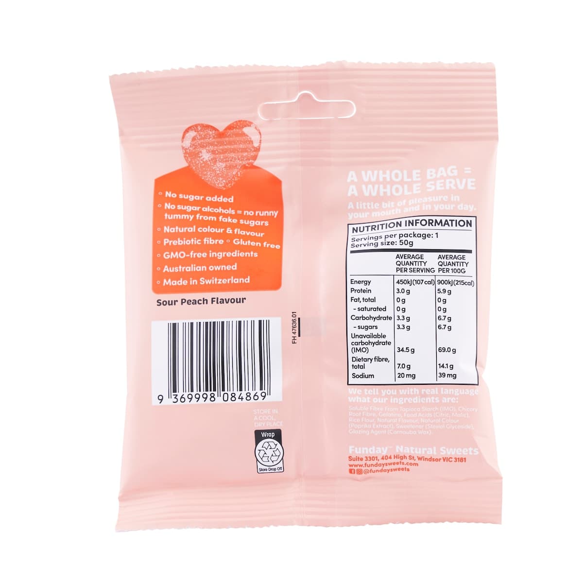 Thumbnail Funday No Sugar Gummy Hearts Sour Peach 50g
