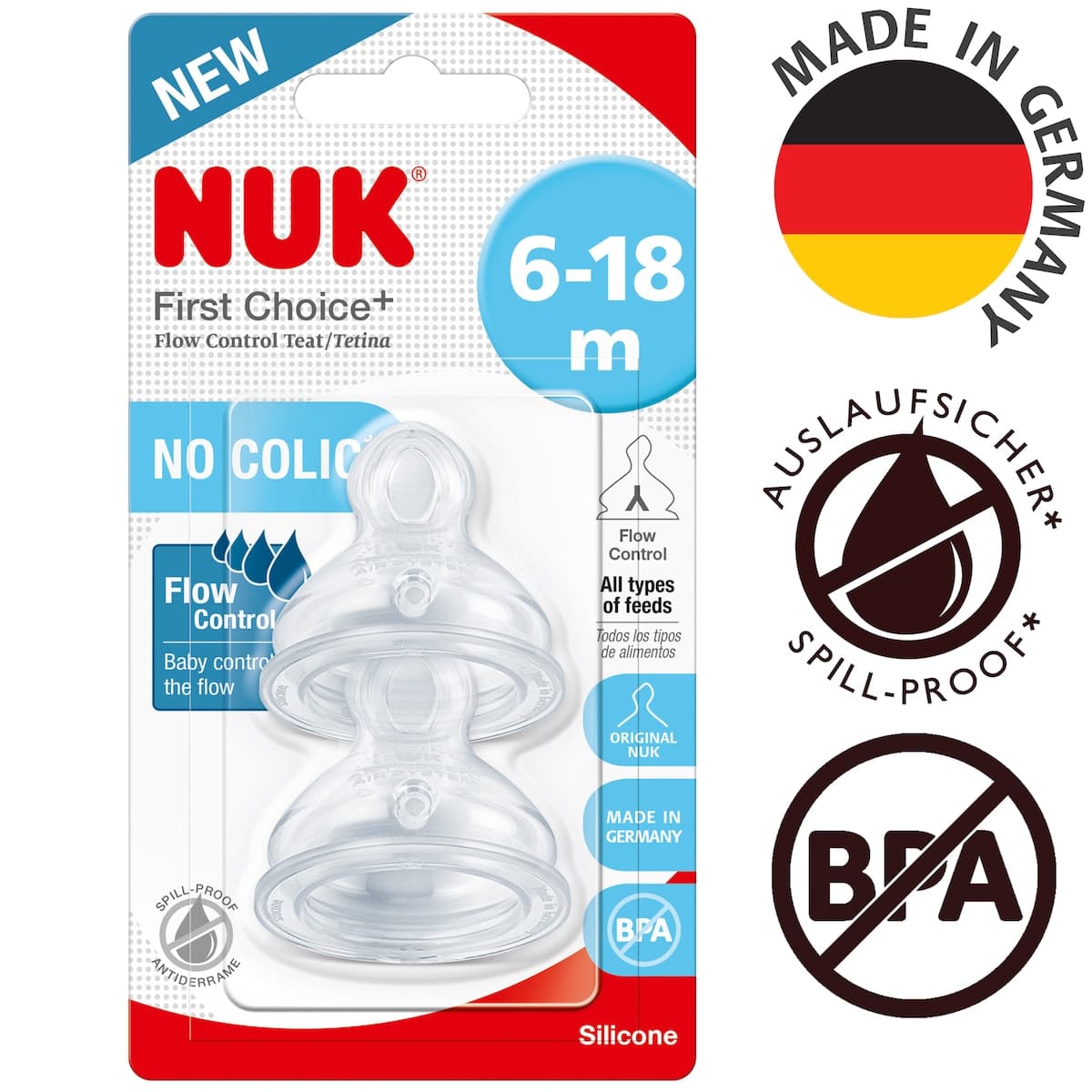Thumbnail NUK First Choice+ Flow Control Silicone Teat 6-18 months 2 Pack