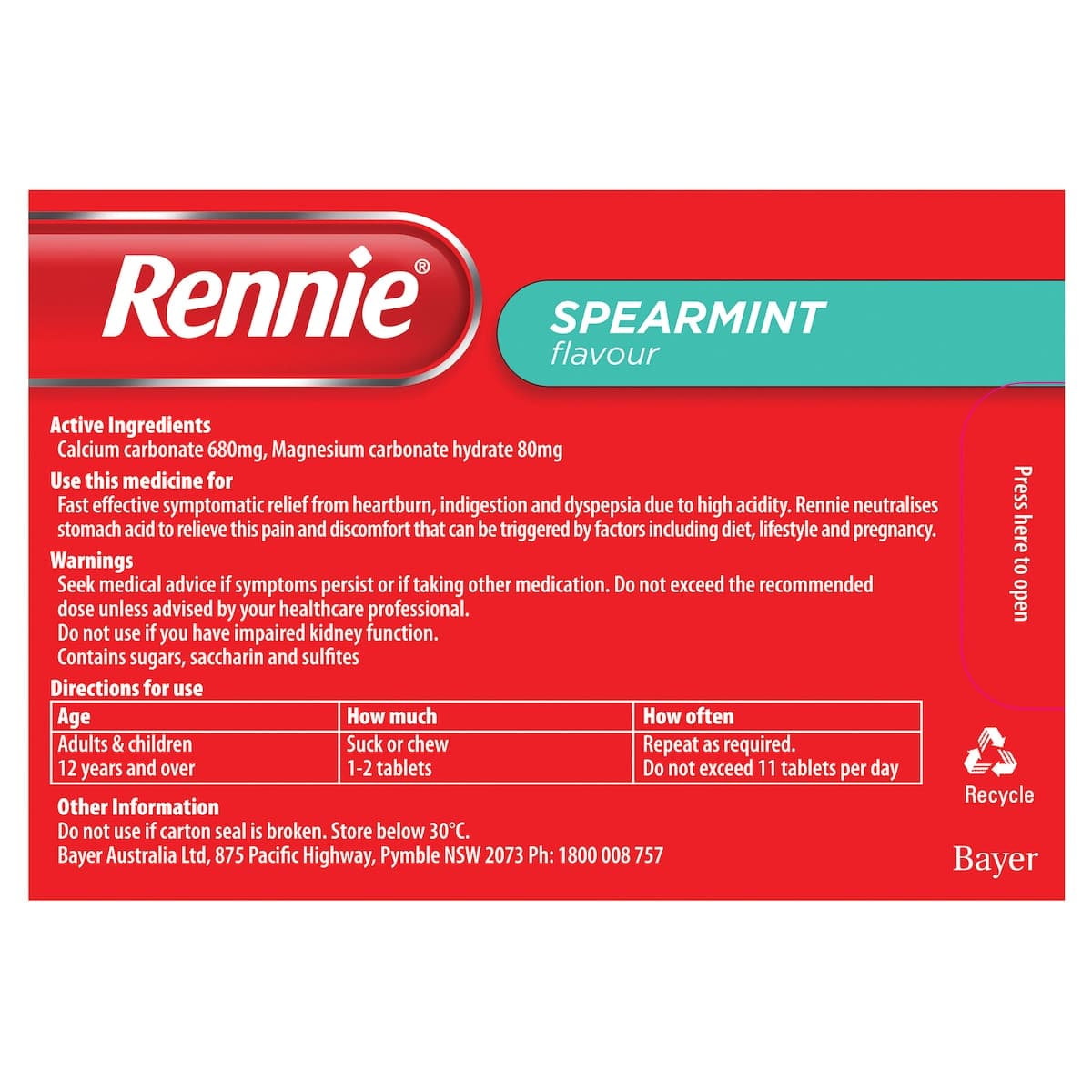 Thumbnail Rennie Indigestion & Heartburn Relief Spearmint 96 Chewable Tablets