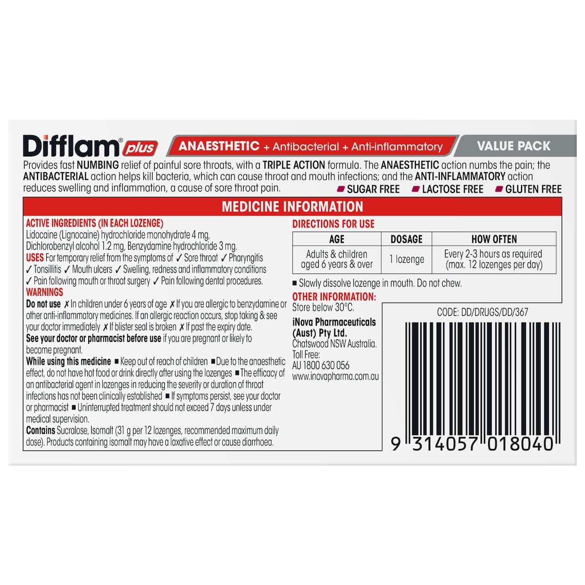 Thumbnail Difflam Plus Anaesthetic Sore Throat Lozenges Berry 32 Value Pack