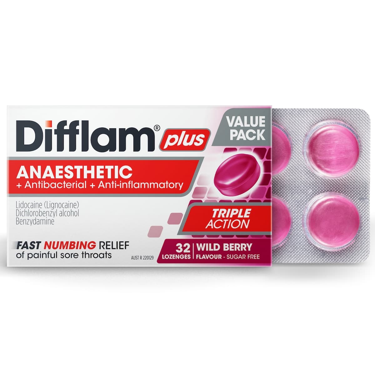 Thumbnail Difflam Plus Anaesthetic Sore Throat Lozenges Berry 32 Value Pack