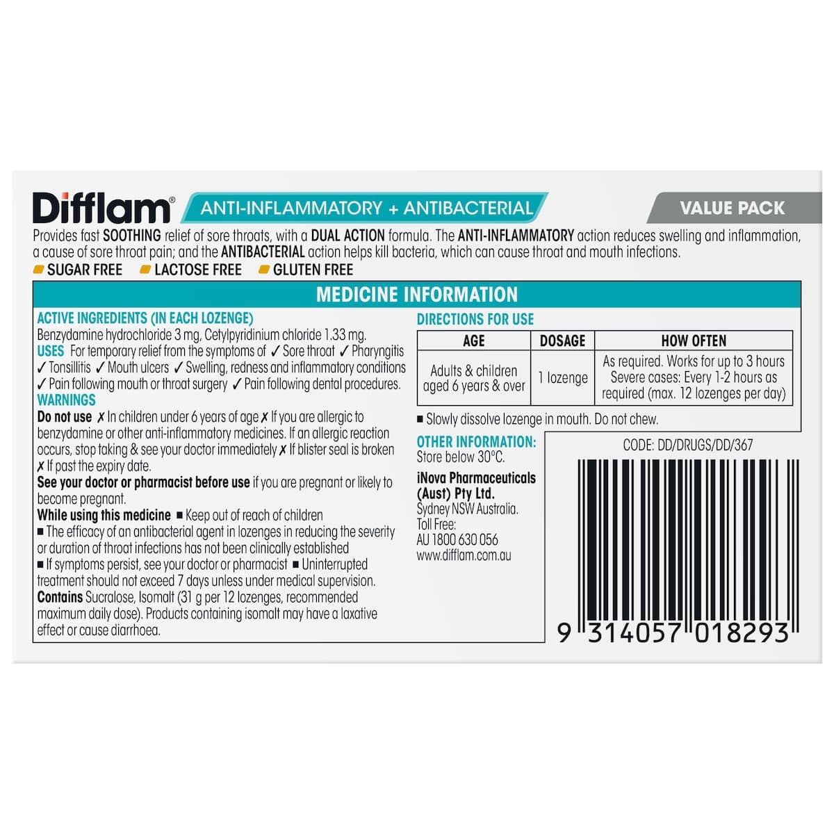 Thumbnail Difflam Sore Throat Lozenges Sugar Free Honey & Lemon 32 Pack