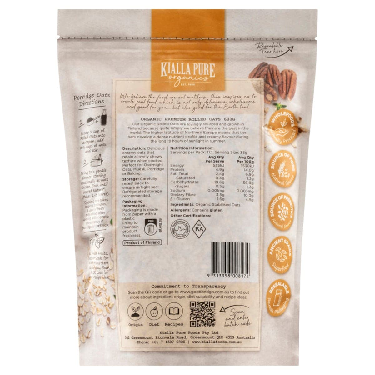 Thumbnail Kialla Organic Rolled Oats 500g