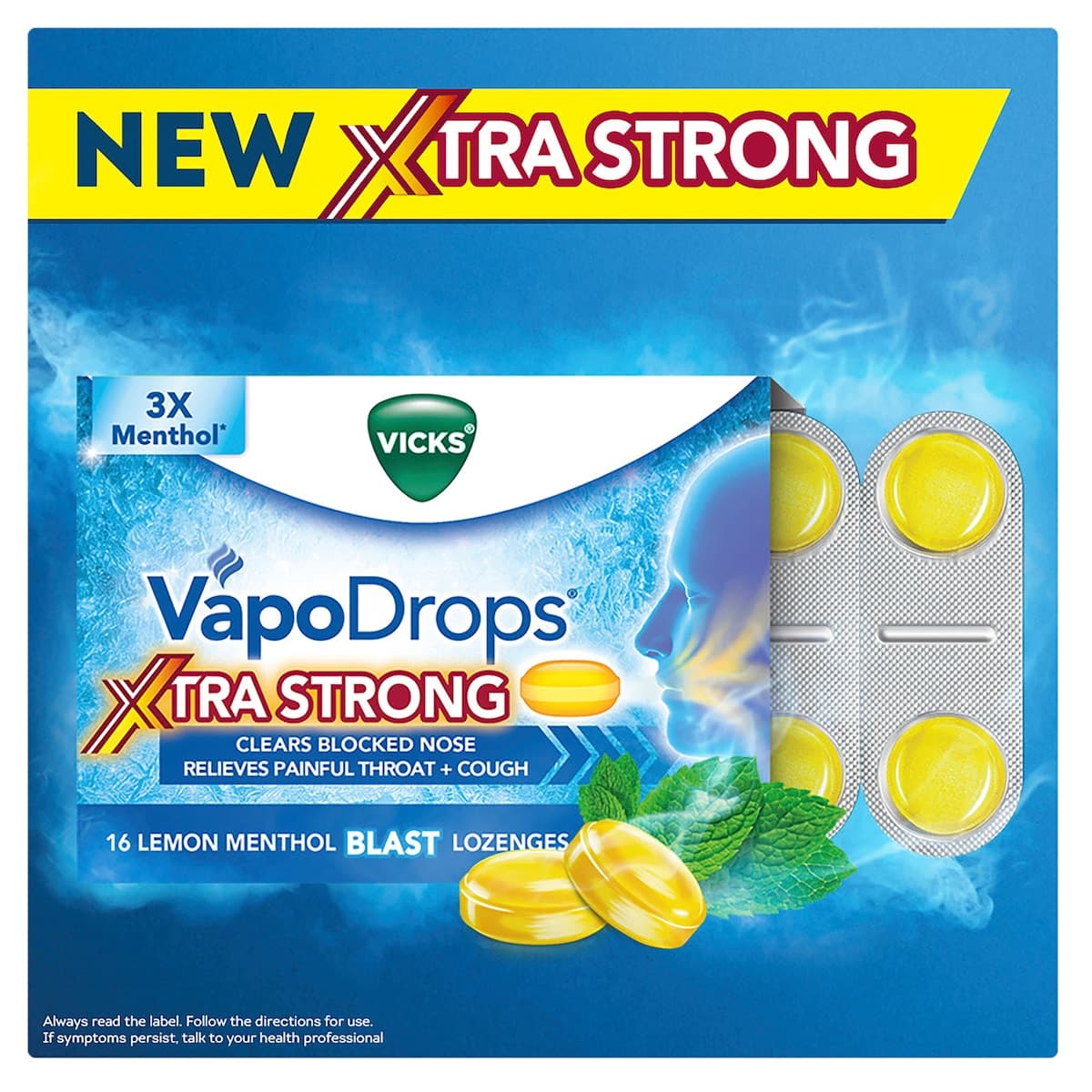 Thumbnail Vicks VapoDrops + Cough Xtra Strong Lemon Menthol Blast 36 Lozenges