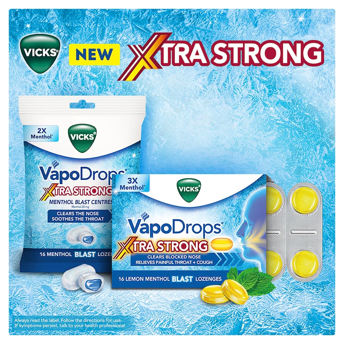 Thumbnail Vicks VapoDrops + Cough Xtra Strong Lemon Menthol Blast 36 Lozenges