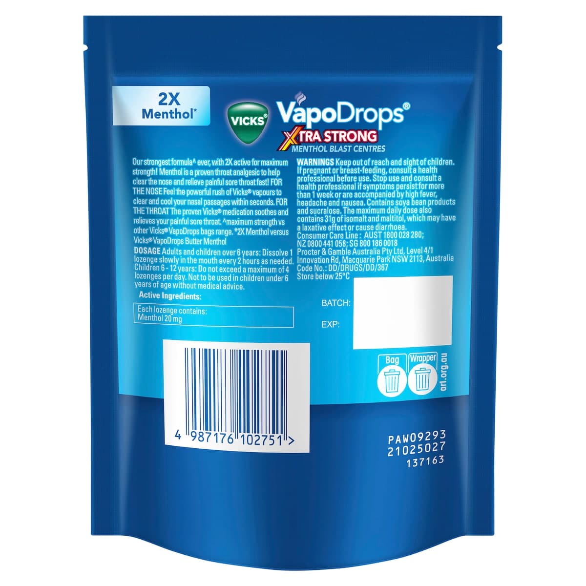 Thumbnail Vicks VapoDrops Xtra Strong Menthol Blast Lozenges 16 Pack