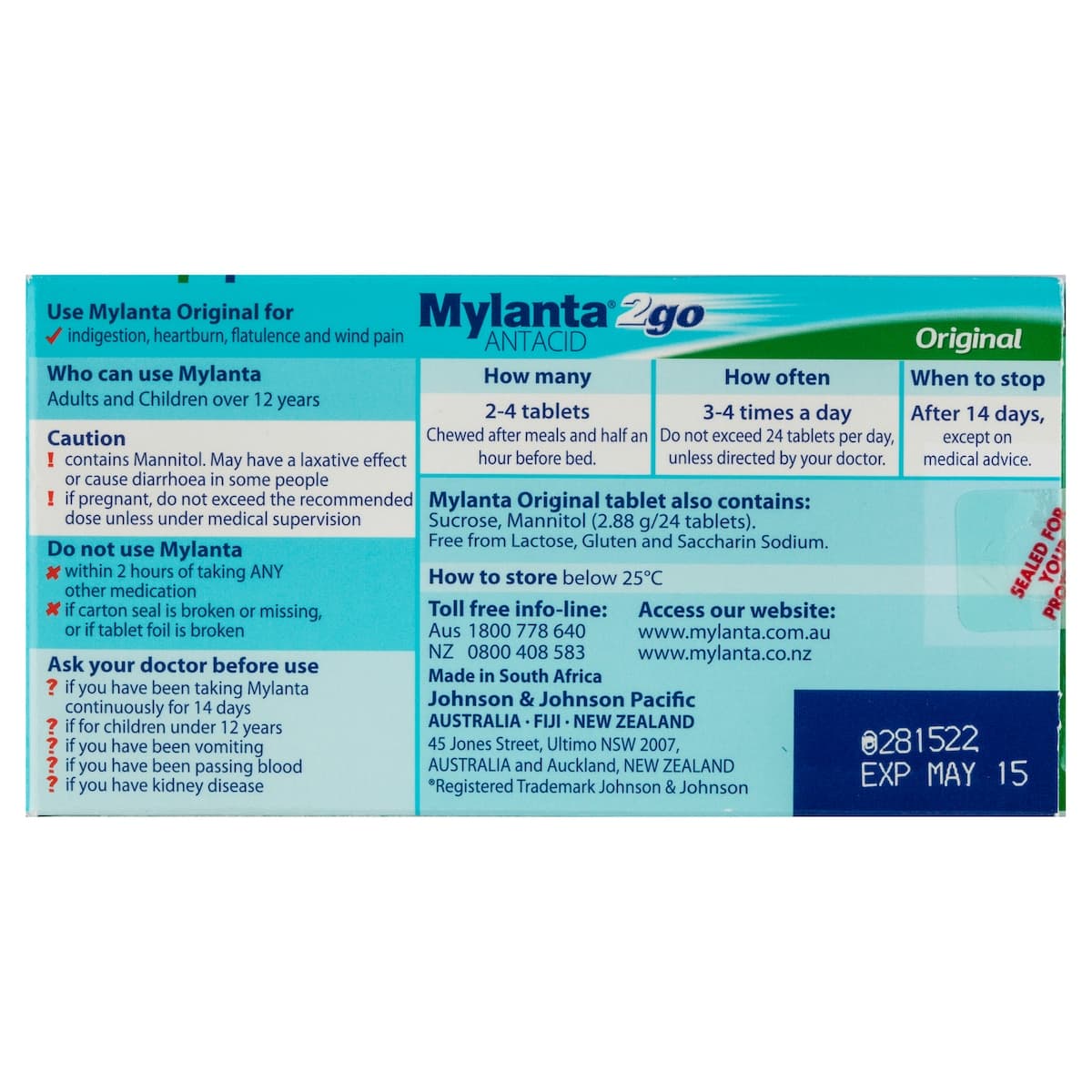 Thumbnail Mylanta 2Go Antacid Original Chewable Tablets 100 Pack