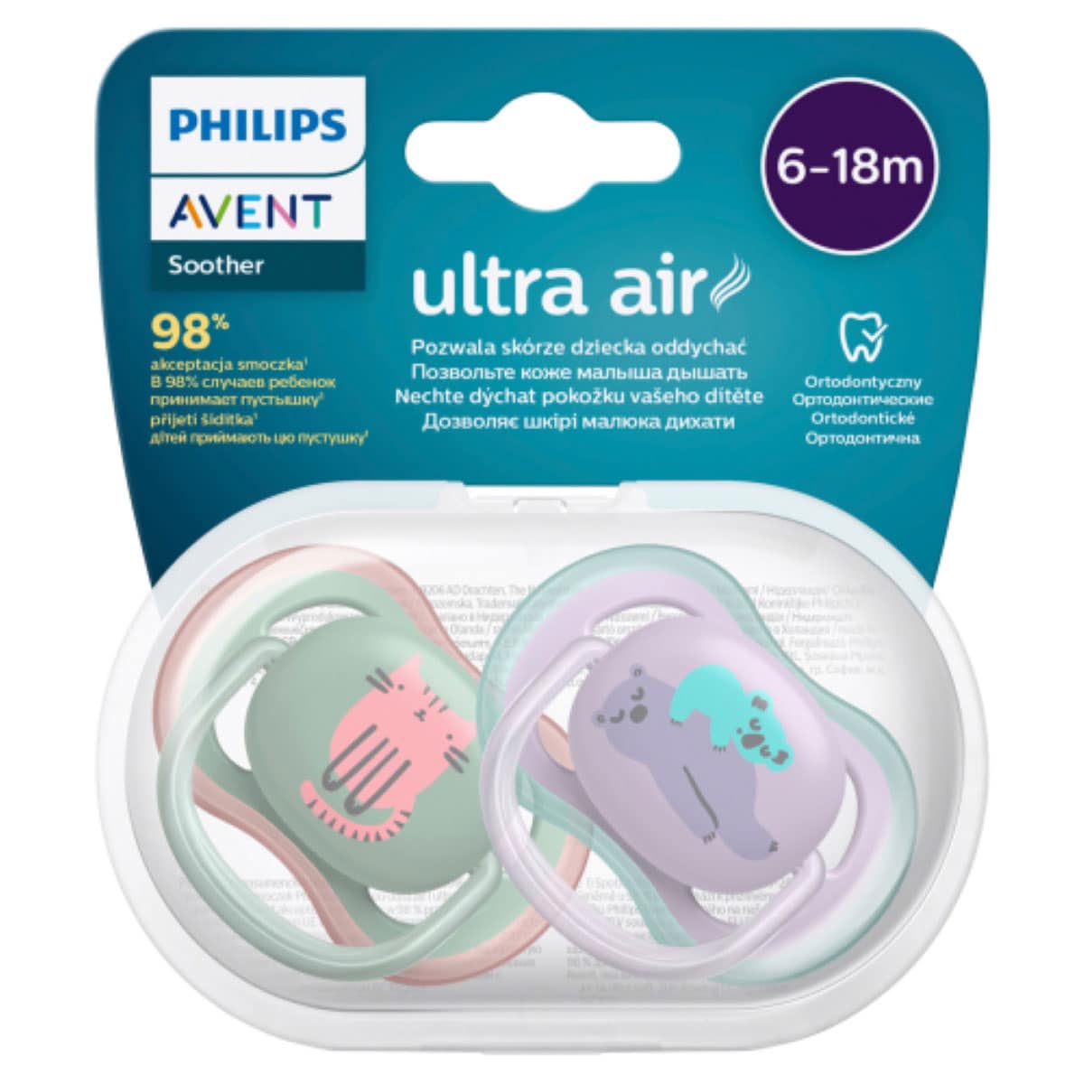 Avent Ultra Air Baby Soothers 6-18 Months 2 Pack Assorted Colours